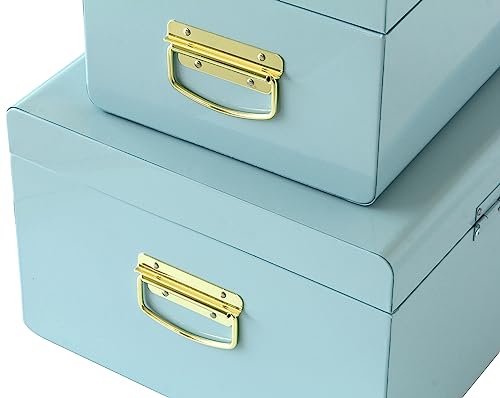Vixdonos Metal Trunk Decorative Storage Box Set of 2 College Dorm Chest with Handle (Light Blue)