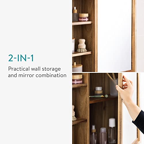 Navaris Wooden Bathroom Cabinet - Acacia Wood Cupboard with Mirror & Shelves - Wall Mounted Storage Unit for Bath Room or Restroom - 60.5 x 60 x