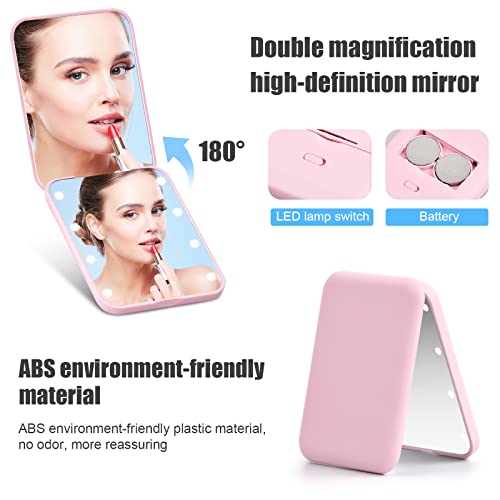 Chstarina Compact Mirror, Portable Makeup Mirror, Magnifying Mirror with Light, 1X / 2X Handheld LED Light Up Mirror, Small Travel Make Up Mirror
