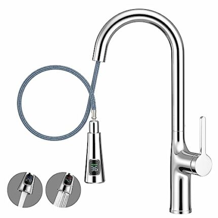 yeulluey Kitchen Taps with Pull Out Spray, Temperature Display Kitchen Sink Taps High Arc Single Handle Kitchen Mixer Taps 1 Hole Commercial Kitc