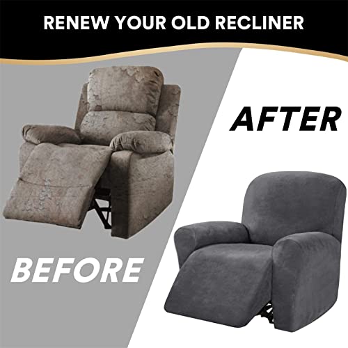 DSECHCRSL Velvet Recliner Chair Cover with Side Pocket, 4 Piece Non Slip Reclining Chair Cover, 1 Seat Stretch Recliner Cover Form Fitted Thick S