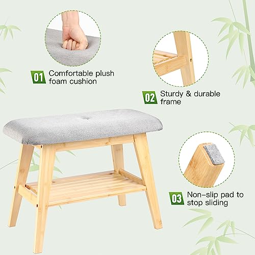 Joyoolife Shoe Storage Bench with Cushion, 2-Tier Shoe Bench with Storage and Seating, Bamboo Shoe Storage Bench with Cushion and Shelves
