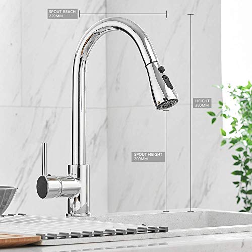 Heable Kitchen Sink Mixer Tap with Pull Down Sprayer Chrome, Single Handle High Arc Pull Out Kitchen Taps, Single Level Solid Brass Kitchen Fauce