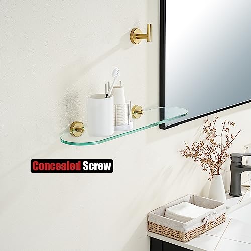 JQK Bathroom Glass Shelf Gold, Tempered Glass Shower Storage 20 by 5 inches, 304 Stainless Steel Brushed Gold Wall Mount, TGS121L20-BG
