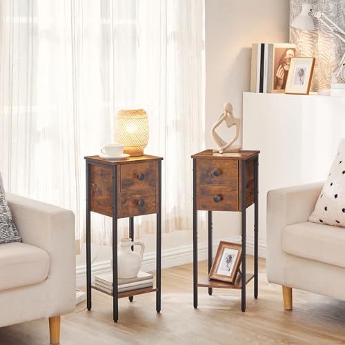 HOOBRO Narrow Bedside Table, Small Bedside Table Set of 2, Telephone Table with 2 Drawers, Slim Side Table with Metal Frame, Tall Nightstand with