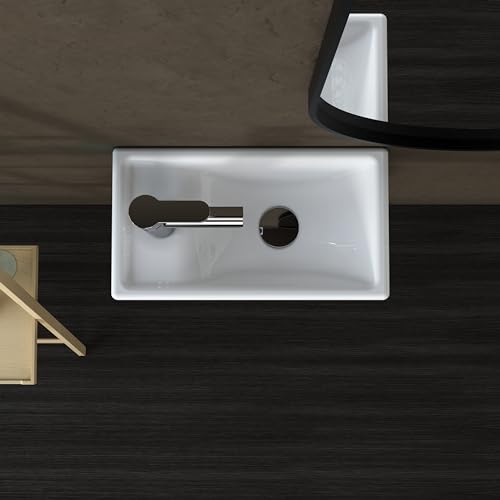 MEJE 41x23 cm Wall Hung Basin Sink Combo, Small Cloakroom Basin, Rectangle Ceramic Bathroom Wash Basin - Left Hand Sink Set (Include Faucet & Pop