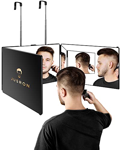 JUSRON 3 Way Mirror for Hair Cutting, 360° Mirror with Adjustable Hooks for Door, Portable Trifold Barber Mirror for Makeup, Cut, Trim and Shave