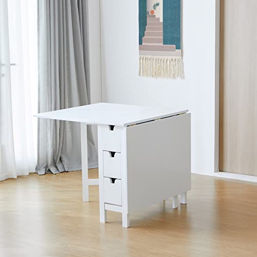 Livinia Wings Gate-Leg Wooden Dining Table, Solid Hardwood Expandable Drop Leaf Space Saving Kitchen Table with Drawers Fully Assembled(White)
