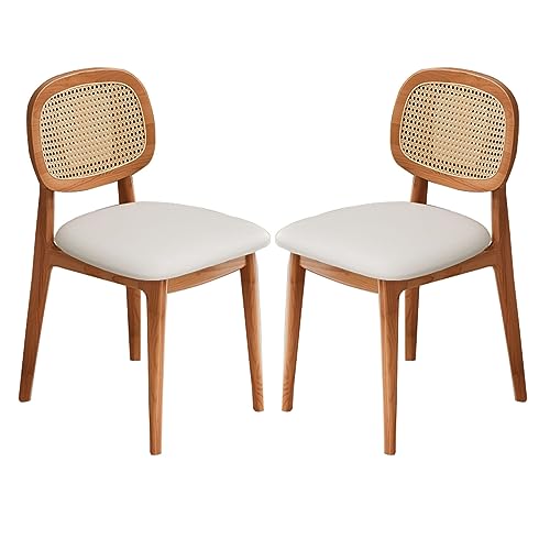 Mid-Century Dining Chairs Set of 2, Upholstered Armless Rattan Dining Chair with Woven Backrest and Wood Legs Backrest Chairs for Living Dining R