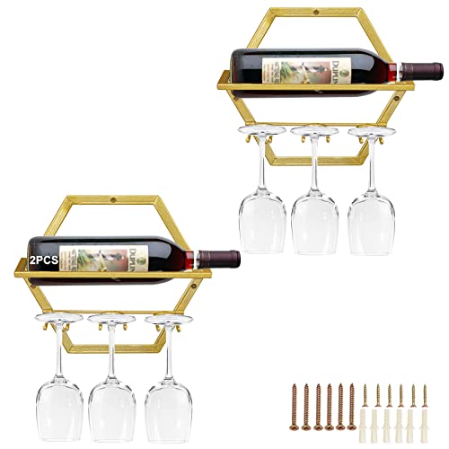 Giyiprpi 2Pcs Wall Mounted Wine Bottle Stemware Rack, Metal Hanging Wine Display Holder with 3 Stemware Glass Organizer, Red Wine Racks for Home