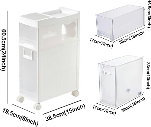 OPSREY Narrow Slim Bathroom Floor Cabinet, Skinny Toilet Paper Storage Cabinet with 4 Plastic Drawers and Casters Large Capacity Vertical Storage