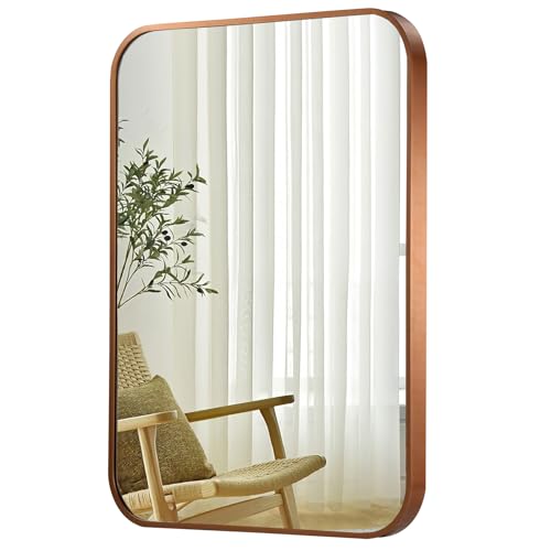 JENBELY 22x30 Inch Bronze Bathroom Mirror, Brushed Brass Gold Metal Framed Rectangular Mirror with Rounded Corner, Bathroom Vanity Mirror for Bed