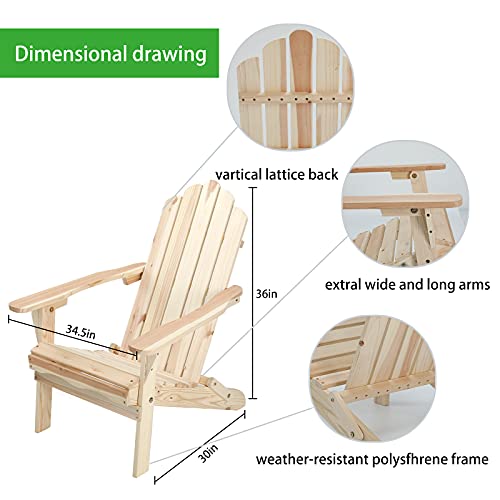 Kunste Outdoor Wooden Adirondack Chairs Lightweight Two Folding Chairs with Portable Side Table for Yard Patio Garden Lawn (Natural)