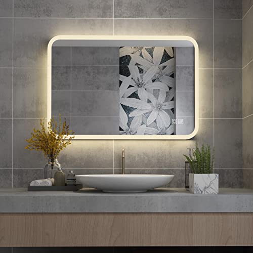 MIQU 600 x 500 mm Illuminated Bathroom Mirror,Bathroom Mirror with Led lights,Light Touch Sensor and Demister Anti-Fog Horizontal/Vertical Wall M