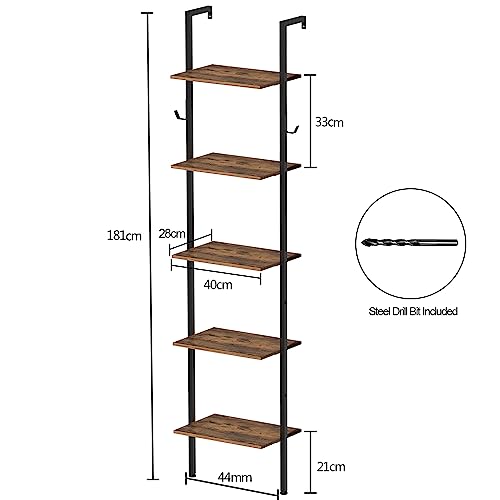 VEDECASA 5 Tiers Bookshelf Wall Mounted Industrial Ladder Shelf Bookcase with Wood and Metal Frame Open Display Shelves for Home Office Living Ro