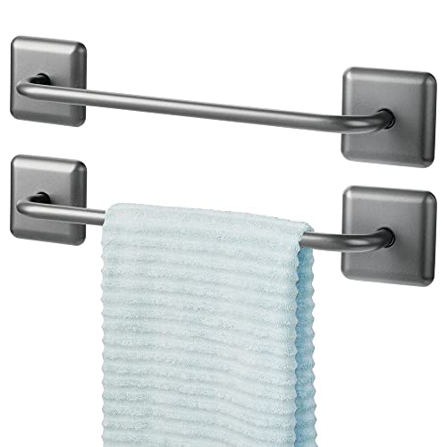 mDesign Set of 2 Hand Towel Holder Bars – Metal Towel Rail Set – Self Adhesive Towel Bar for Kitchen or Bathroom – Graphite