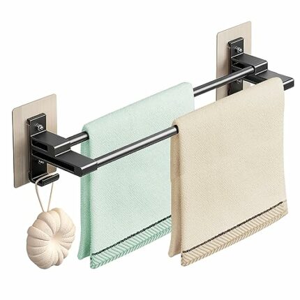 Towel Rail, Black Self Adhesive Towel Holder with Anti Rust Aluminium, 2-Tier Double Rod Towel Shelf Bar with 2 Hooks, No Drilling Towel Storage