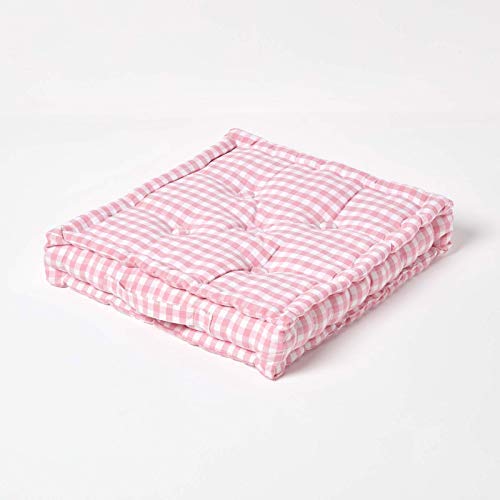 HOMESCAPES Pink & White GINGHAM Check Floor Cushion - 100% Cotton - 40 x 40 x 8 cm Square - Indoor - Garden - Dining chair booster Seat Cushion P