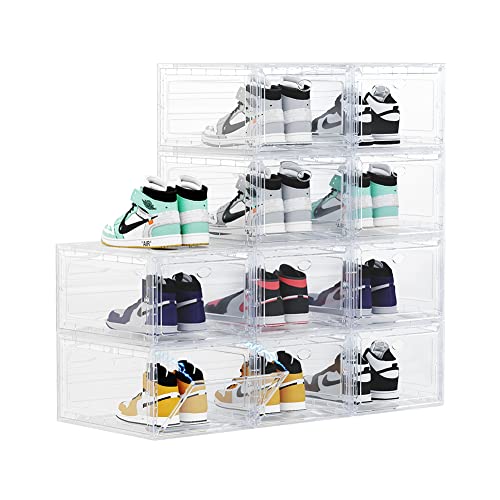 OMOPIN Clear Plastic Shoe Boxes Stackable, 10 Pack Drop Front Shoe Box, Shoe Storage Box, Sneaker Storage Shoe Containers for Size 12 (Clear 10pa