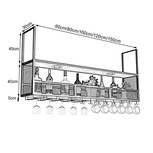 KEppd Wine Rack Wall | Wine Shelf with Glass Holder (with Spotlights) | Metal Ceiling Mounted Hanging Wine Holder | Wooden Wine Bottle Holder | S