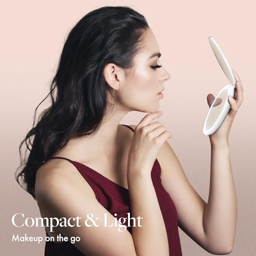 Fancii LED Lighted Travel Makeup Mirror, 1X/10X Magnification - Daylight Led, Compact, Portable, Large 127mm Wide Illuminated Mirror, Silk White