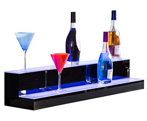 LED Lighted Liquor Bottle Display Illuminated Bottle Shelf 2 Tier, Home Bar Bottle Shelf 2 Step Drinks Lighting Shelves with RF Remote Control Mu
