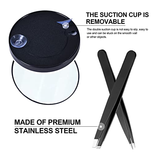 MIVAIUN 4 Pieces Detail Magnifying Mirror and Tweezers Kit Makeup Mirror Suction Cup Mirror Travel Mirror 15X 10X for Makeup Eyebrow Tweezing Mak