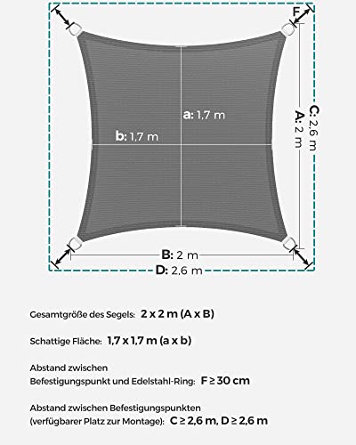 SONGMICS Sun Shade Sail 2x2m HDPE Fabric Breathable Water Permeable Canopy for Patio Garden Balcony Camping Square Concave 2m Ropes Smoke Grey GS