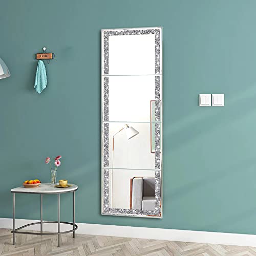 Meetart Full Length Mirror Tiles,Crystal Crush Diamond Full Body Wall Mirror,14''x11'' 4PCS Glass Frameless Make Up Mirror for Home Decor,Room De