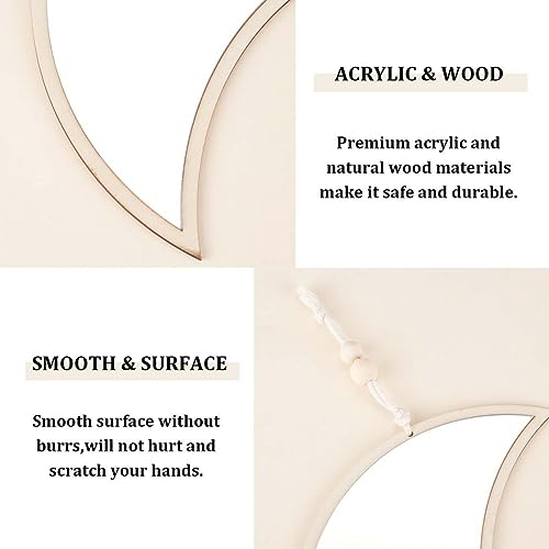 CREATCABIN Moon Wall Decor Mirror Acrylic Wall Hanging Decoration Mirror Pendant Wall Art Wall Mounted Mirror with Wool Wire Wood Beads for Home
