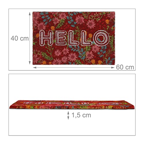Relaxdays Doormat Coir HELLO Flowers, 40 x 60 cm, Door Mat Inside & Outside, Non-Slip Wiper, Rectangular, Colourful