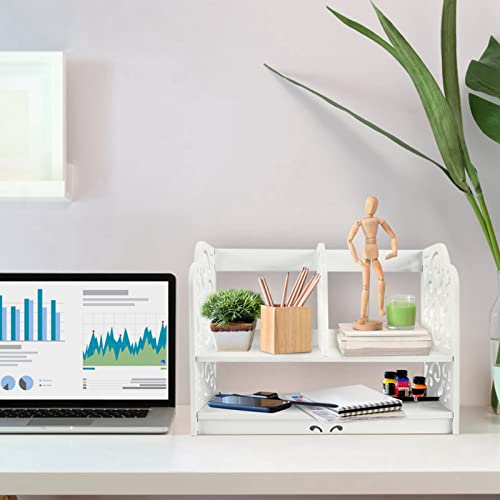 lyrlody Desktop Bookcase,2Tier DIY Wood Baroque Carve Desktop Organizer PVC Desk Book Shelf Storage Holder Rack Small Cosmetics Display Standing