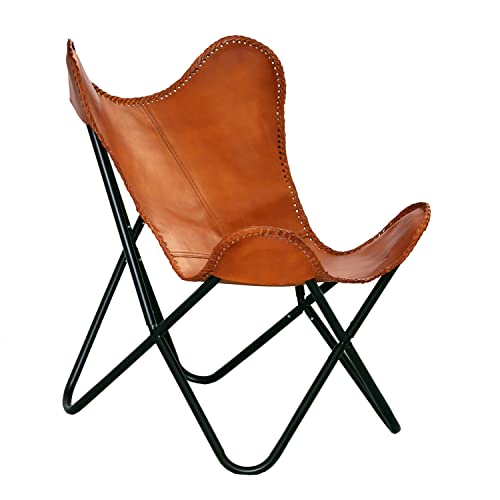 Brown Vintage Leather Arm Butterfly Chair Genuine Leather Home Décor Chair | Handmade Chair (with Fold-able Stand)