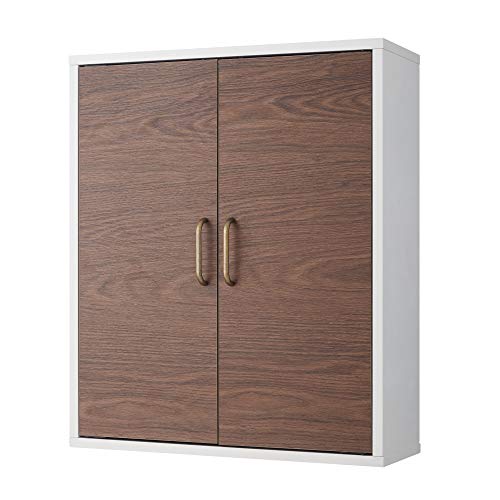 Teamson Home Wooden Bathroom Wall Cabinet, Wall Mounted Medicine Cabinet, Bathroom Storage, Walnut and White Colour, Two Doors and Adjustable She