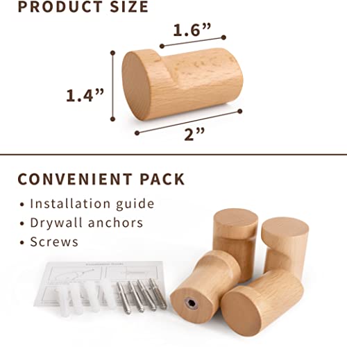 NAUMOO Natural Wooden Wall Hooks - Pack of 4 - Wall Mounted Hook - Modern Wood Coat Rack - Decorative Wooden Pegs for Hanging Hat, Towel, or Purs