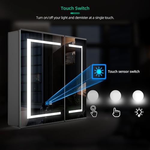 LUMIRRORS® LED Bathroom Mirror Cabinet with Shaver Socket Lights 65x60 cm 2-door Dimmer Matt Black Aluminum Touch Switch Antifog Adjustable Shelv