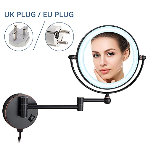 DOWRY Wall Mounted Magnifying Mirror with Light 1x/7x Black Bronze Extendable Illuminated Shaving Mirror 360 ° Rotatable Double Sided Mirror,Diam