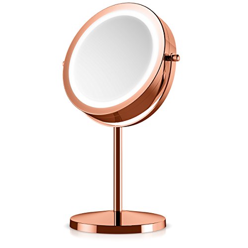 Navaris LED Illuminated Makeup Mirror - Two-Sided Vanity Mirror with Normal and 5x Magnification - 2-in-1 360° Swivel Cosmetics Mirror - Copper