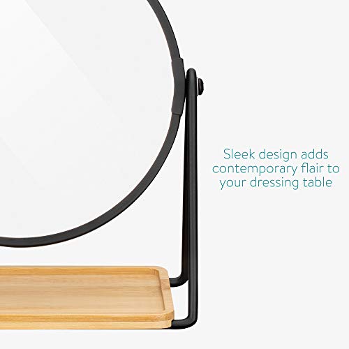 Navaris Tabletop Mirror with Tray - Double-Sided 1x/2x Magnifying Makeup Mirror with Bamboo Base - For Dressing Table, Bathroom, Bedroom - Black