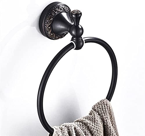 RAKUTE Anit-Rust Bathroom Towel Holder, Solid Copper Wall-Mounted Round Black Towel Ring,Classic Towel Rack with Flower Carved Bathroom Ring