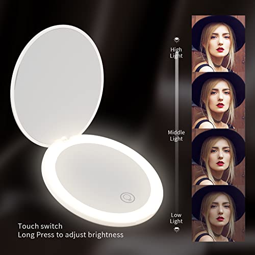 MILEDUO Travel Mirror with Light 1x/10x Compact Magnifying Mirror,Handheld 2-Sided Pocket Mirror Led Small Makeup Mirror for Purses,Mirror for Ha
