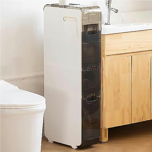 OPSREY 4 Tier Small Spaces Gaps Bathroom Storage Cabinet 6.9" W Skinny Bathroom Storage Cabinet Over The Toilet Storage Cabinet With Clear Drawer