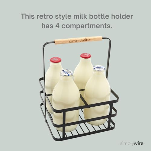 simplywire - Retro 4 Unit Milk Bottle Holder – Wine Bottle Carrier – Black Flat Wire