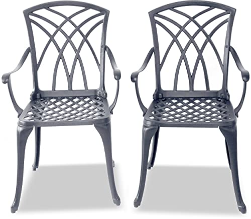 Homeology Oshowa 2-Large Garden & Patio Bistro Chairs with Armrests in Cast Aluminium Grey