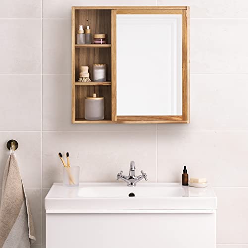 Navaris Wooden Bathroom Cabinet - Acacia Wood Cupboard with Mirror & Shelves - Wall Mounted Storage Unit for Bath Room or Restroom - 60.5 x 60 x