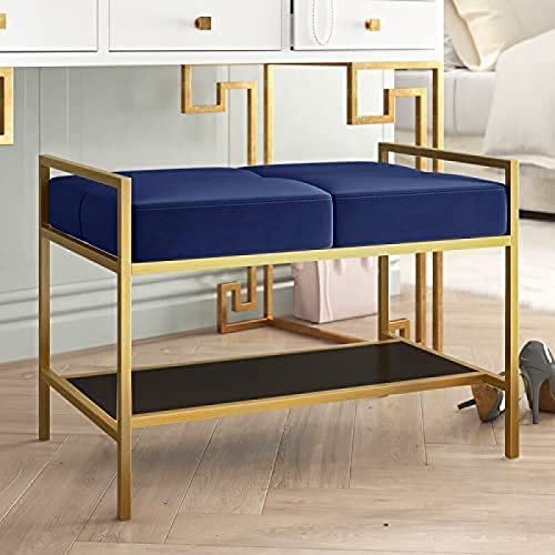modern entryway bench, velvet upholstered shoe stool shoe cabinet furniture, premium bedroom shoe rack bench decor,Blue,100x35x45cm(39x14x18inch)