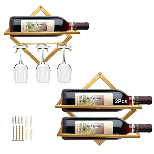 Metal Wall Mounted Wine Holder, Upgrade Foldable Hanging Wall Wine Rack Organizer for 2 Liquor Bottles, Red Wine Bottle Display Hanger with Screw