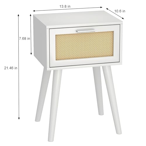 LAATOOREE Nightstand Set of 2, Small End Table with Rattan Door, Bedside Table with Solid Wood Feet, Boho Side Table for Bedroom Living Room Smal