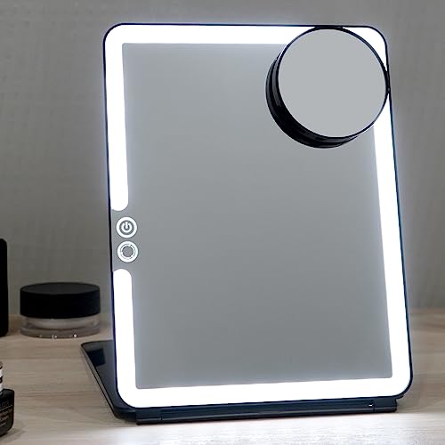 FUNTOUCH Rechargeable Makeup Mirror with Light, Portable Lighted Travel Mirror with 10X Magnifying, 3 Colors Light Modes, Touch Screen Dimming Fo