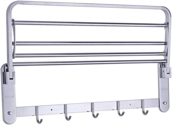 2-Tier Towel Rail Bath Towel Rack with Hooks 304 Stainless Steel Wall Mounted Towel Holder Towel Bar Rail, for Kitchen Bathroom Toilet Hotel Offi